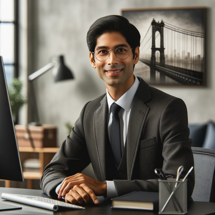 Middle-aged Man in Suit at Computer with Bridge Drawing in Office