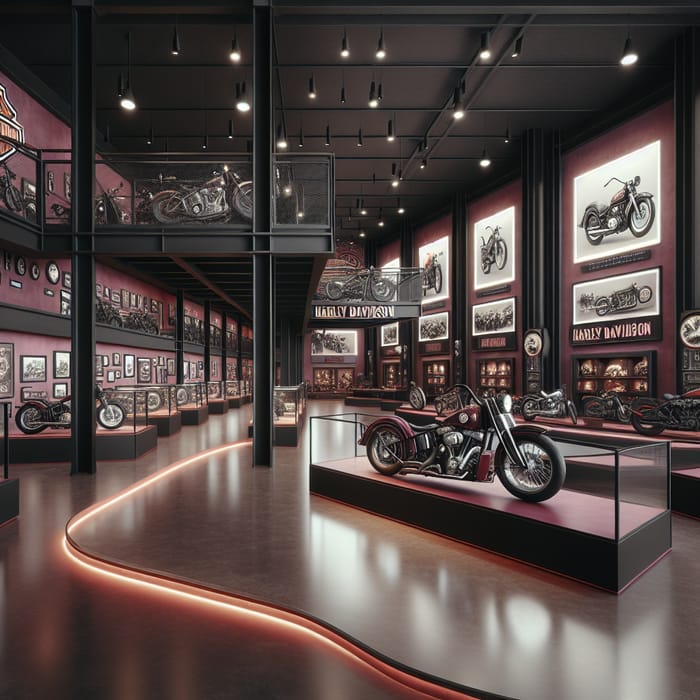 Harley Davidson Motorcycle Museum Interior in Burgundy - Unique Vintage Theme