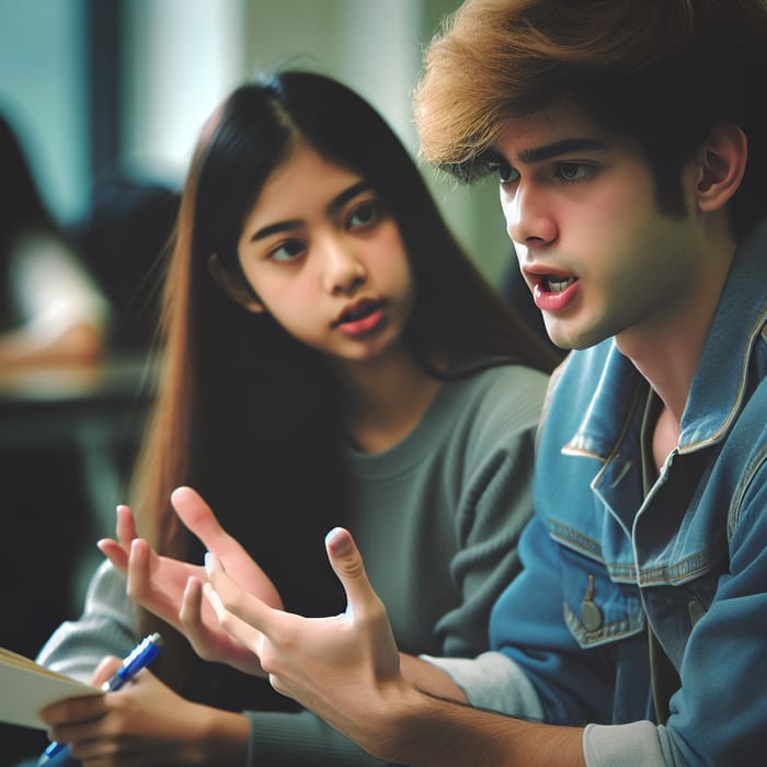 Passionate East Asian Teenage Boy Sharing Concept with Girl at University