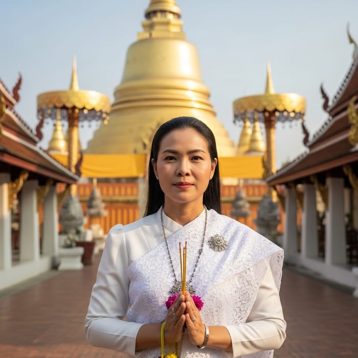 Serene Thai Woman in Traditional Temple Setting Serene Thai Woman in Traditional Temple Setting