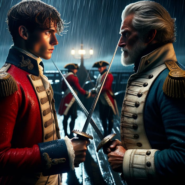 British Naval Officer Duel at Night - Captains in Red and Blue Uniforms