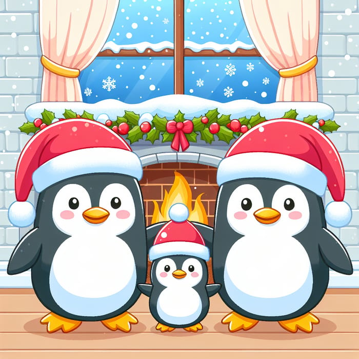 Christmas Penguins Celebrating by the Fireplace