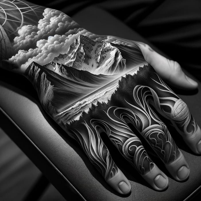 8k Black and White Hand Tattoo: Grand Mountain Landscape & Oregon Coast Elements