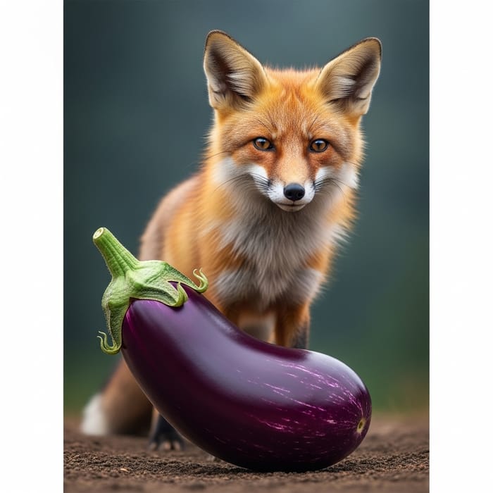 Elegant Fox and Vibrant Brinjal in Scenic Organic Farm Elegant Fox and Vibrant Brinjal in Scenic Organic Farm