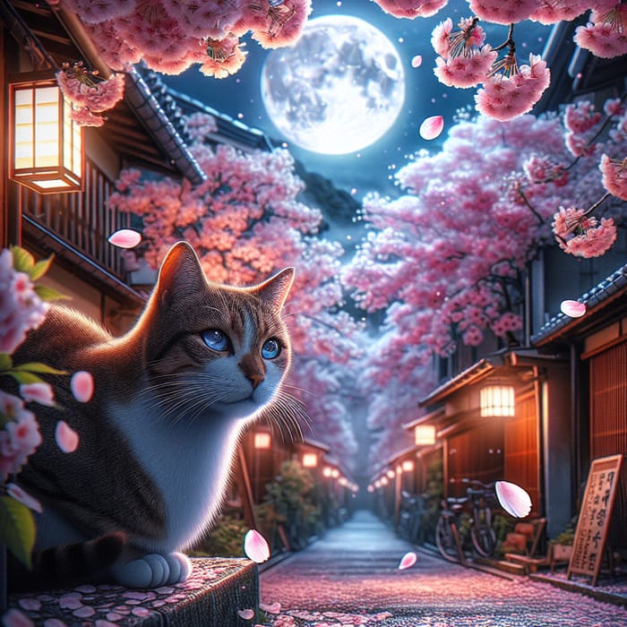 Cat in Japanese Alley Under Cherry Blossoms & Full Moon