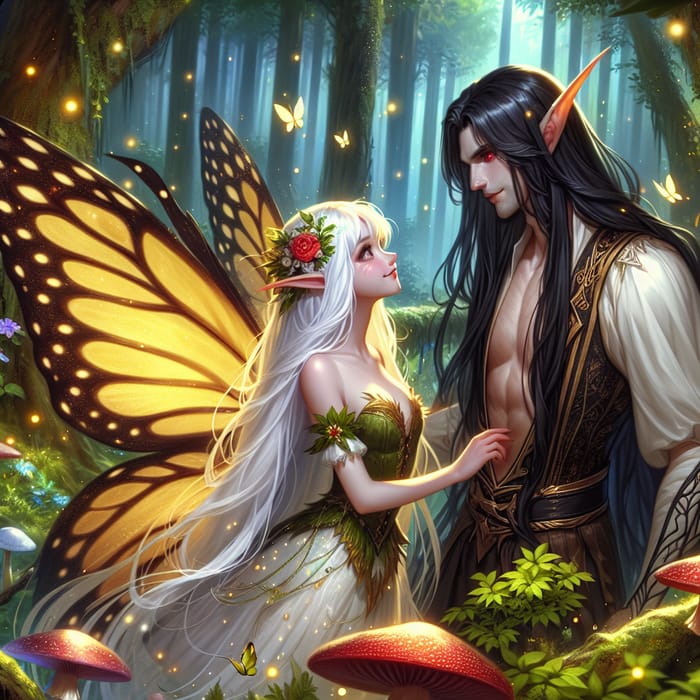 Enchanting Fairy and Blood Elf Kiss in Magical Forest