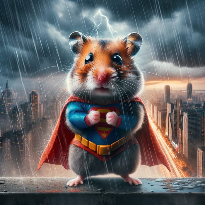 Heroic Hamster: Brave Superhero Braving the Rain in City