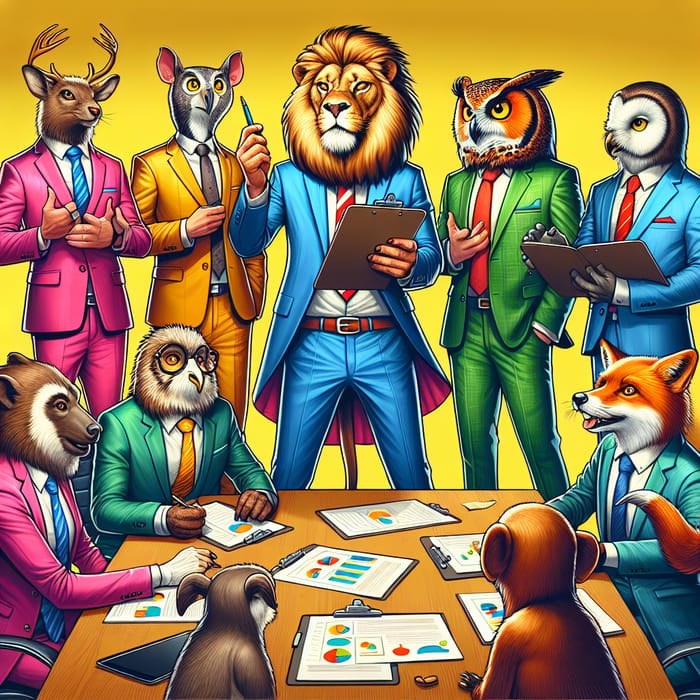 Lively Animal Team Meeting led by Charismatic Lion Boss