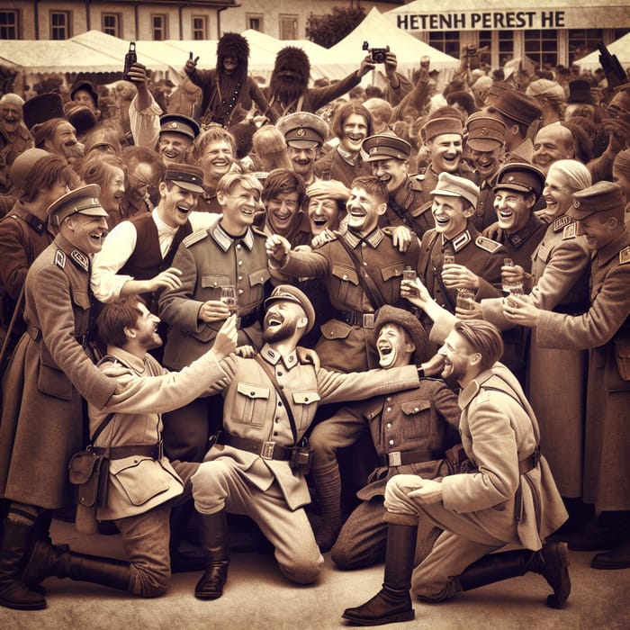 Austrian Soldiers Engaging with Civilians in Sepia Tone Atmosphere