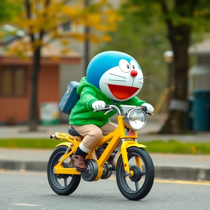 Doraemon Rides a Yellow Bike in Green Jacket