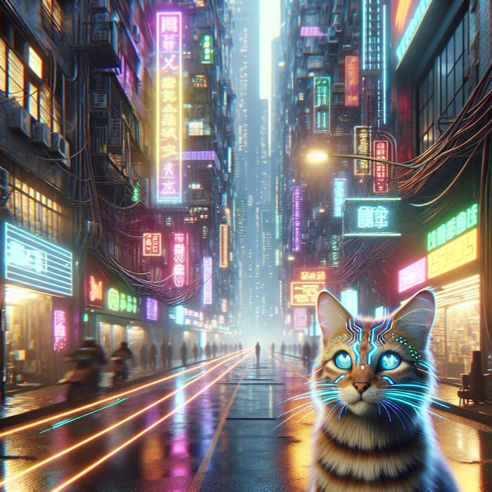 Cybernetic Cat in Neon Cyberpunk Alley - Futuristic Feline in Urban Dystopia