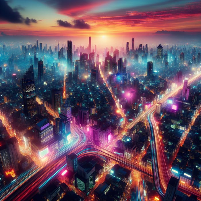 Vibrant Cyberpunk Metropolis at Sunset - Neon Lights & Dystopian Scenery