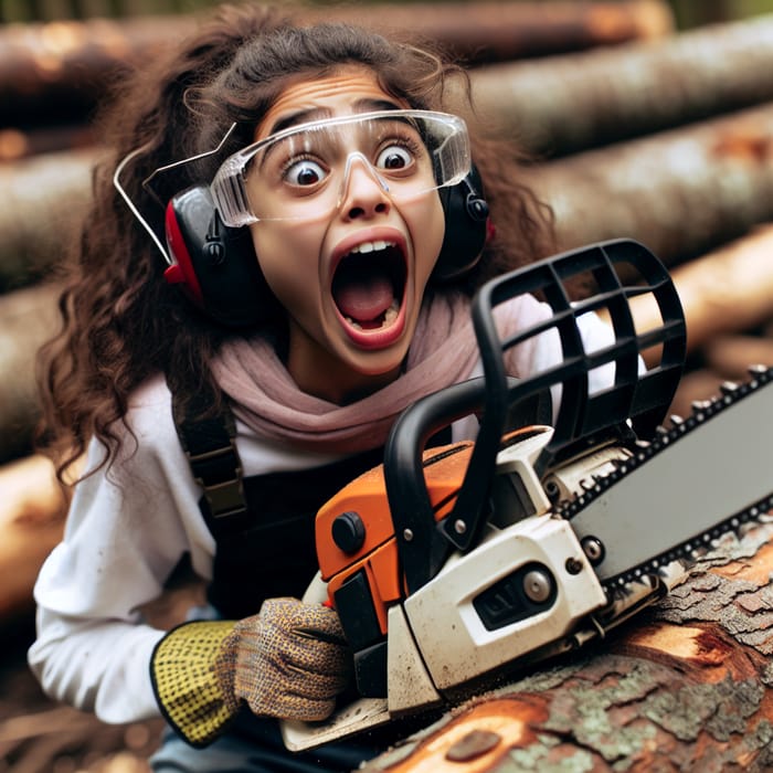 Brave Teen Girl Wielding a Chainsaw in the Woods