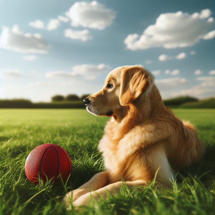 Tranquil Golden Retriever Dog with Red Ball in Grass Field