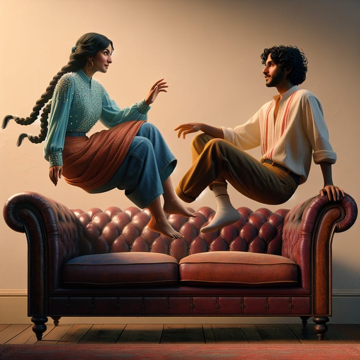 Elegant Couple Levitating Over Stylish Sofa