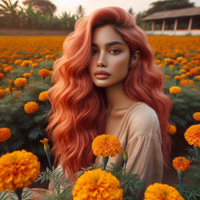 Peach-Haired Beauty Among Marigolds