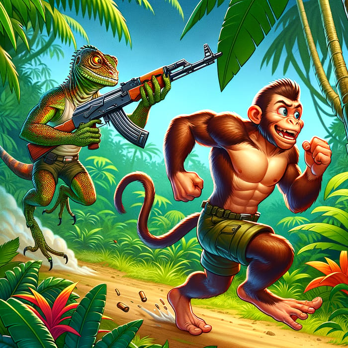 Muscular Monkey Outruns Ak47-Wielding Lizard in the Jungle