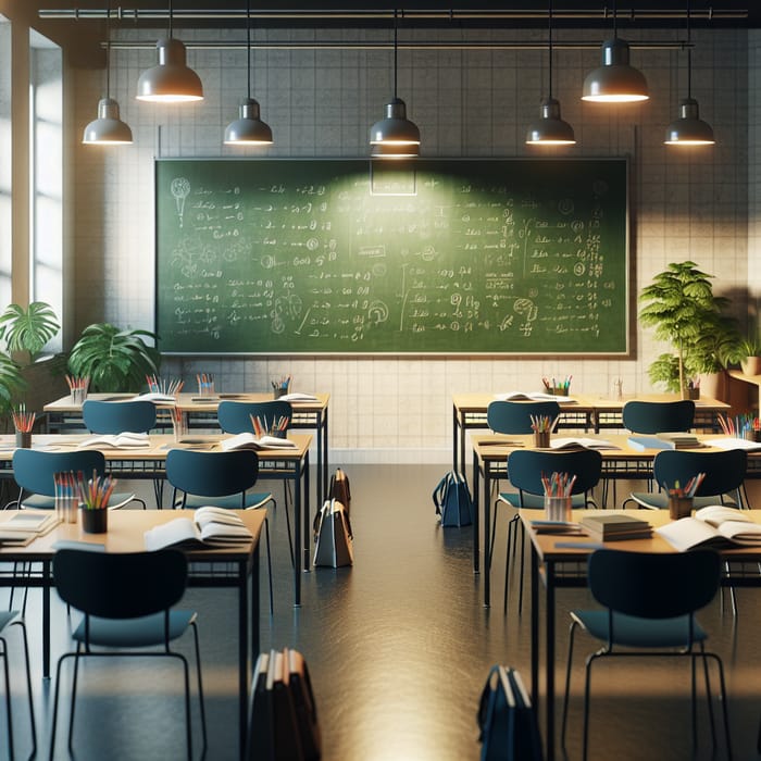 Bright Classroom Setup with Plants, Chalkboard, Chairs, and Tables