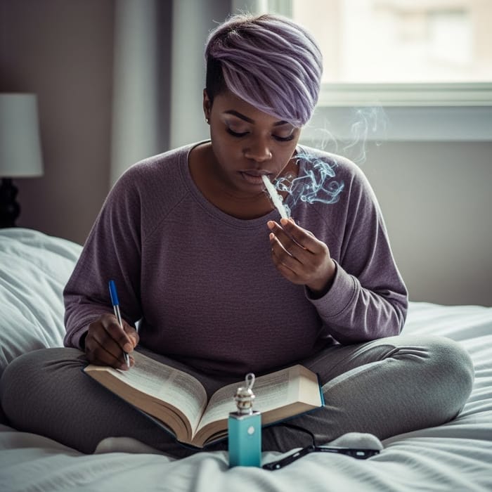 Studying in Style: Black Woman with Purple Pixie Cut