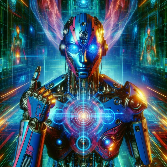 Futuristic Robot with Vibrant Neon Colors and Blue Glowing Eyes in Cyberpunk Digital Art