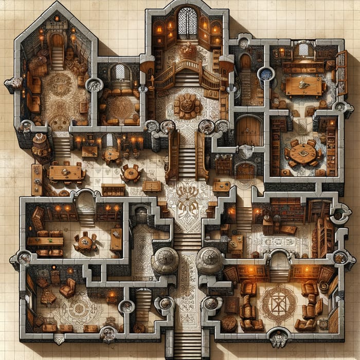 Medieval Castle Interior with 10 Rooms - D&D Map