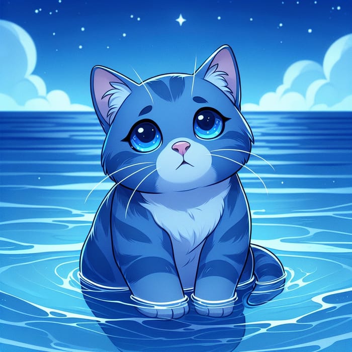 Blue Cat Sitting in Water - Stunning Image