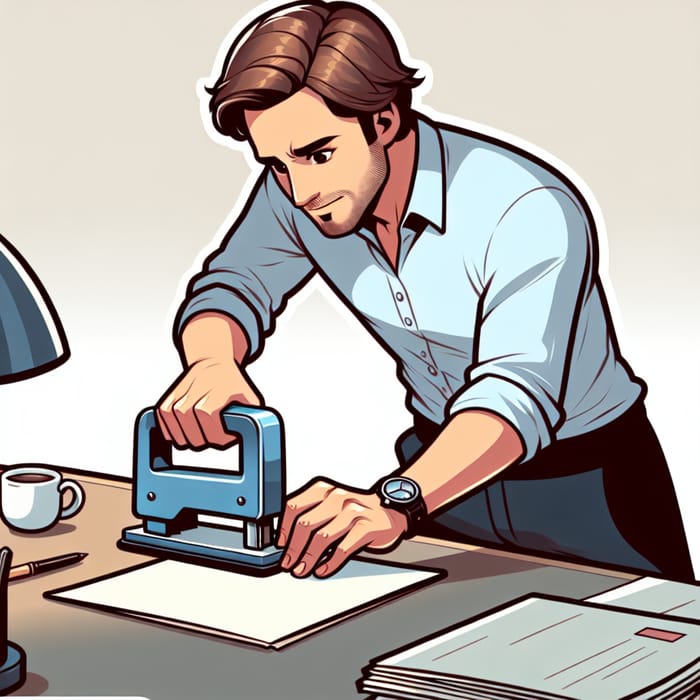 Slavik Hole Puncher Illustration | Man on Desk Scene Slavik Hole Puncher Illustration | Man on Desk Scene
