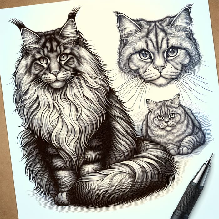 Sketch of Maine Coon and Scottish Straight Tattoo Cats