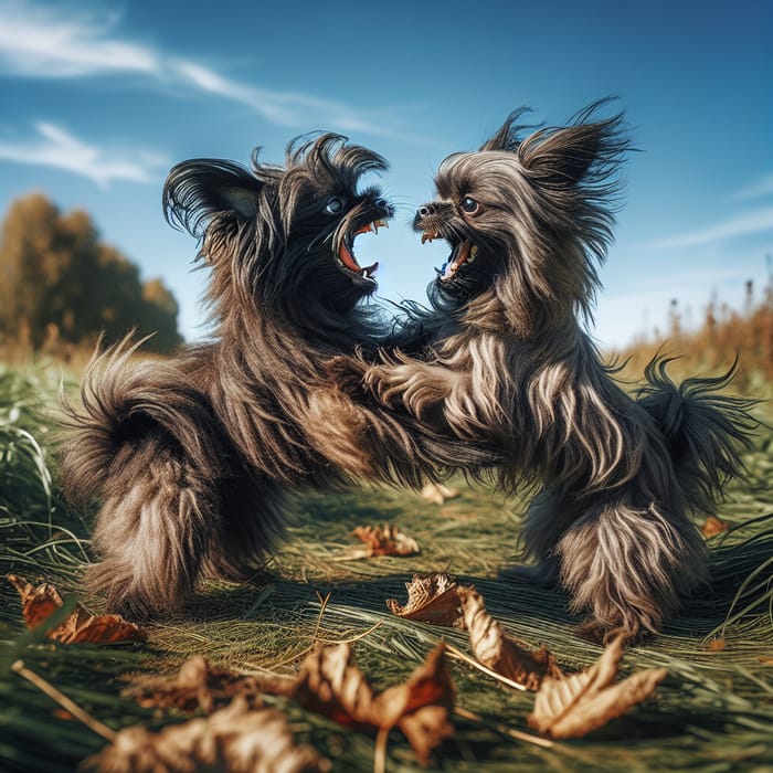 Playful Affenpinscher Dog Fight in Grassy Field | Energetic Playtime