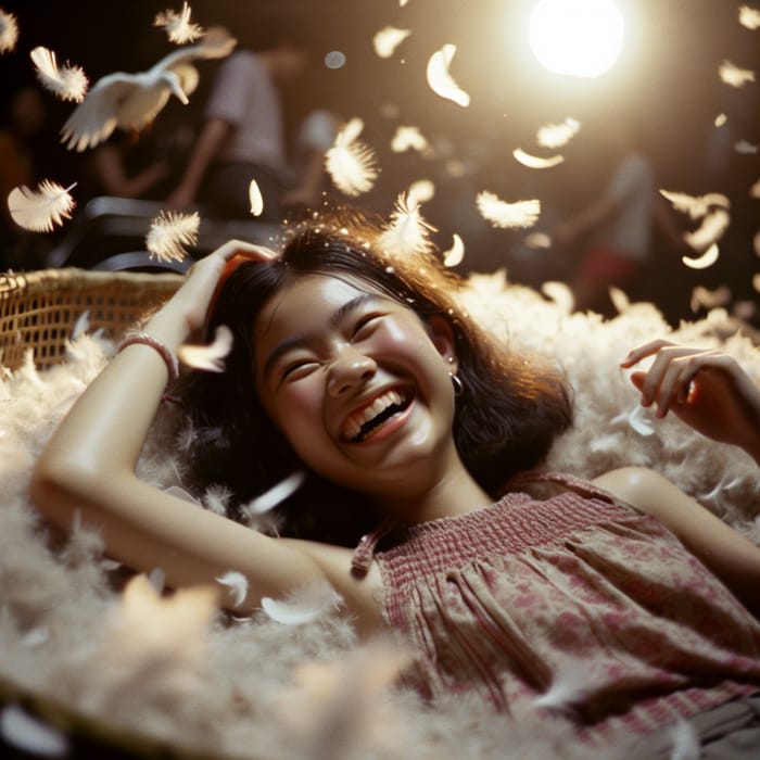 Pure Bliss in Feathers: Teenage Girl Laughing in Dreamy Atmosphere