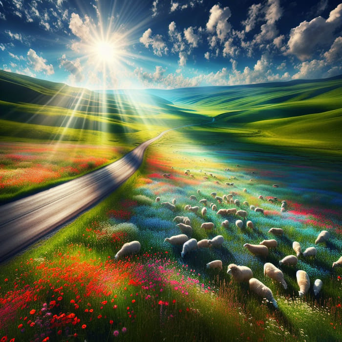 Tranquil Meadow Scene | Road Cross Sunshine Sheep