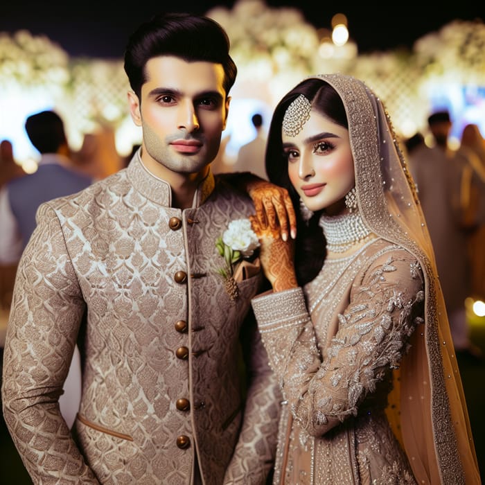 Elegant Pakistani Bride and Groom in Skin Color Attire with Hijab