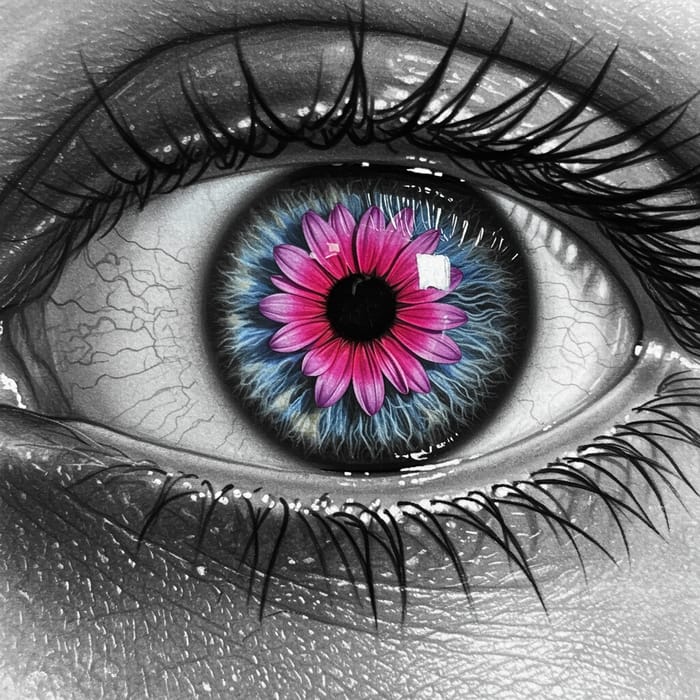 Hyper Realistic Charcoal Eye Drawing with Color Flower