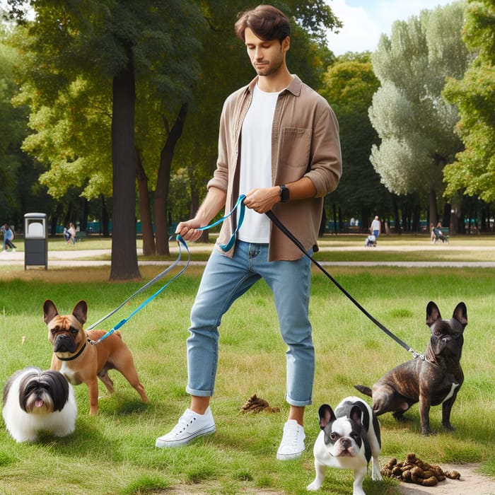 Caucasian Male Walking Three Dogs: 1 Dog Pottying