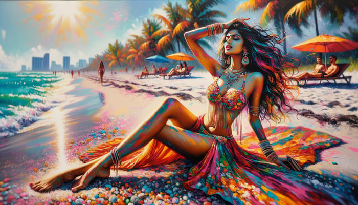 Vibrant Beach Lifestyle: Indian Woman in Miami Sun