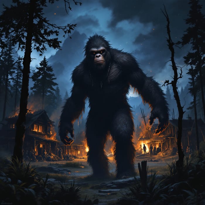 Sasquatch in a Burning Village: Nighttime Scene