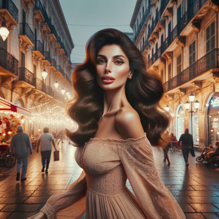 Elegant Brown-Haired Woman Strolling Along City Street