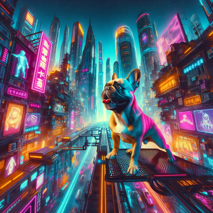 Vibrant Fisheye Cyberpunk French Bulldog in Futuristic City