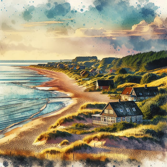 Søndervig Danish Coastal Town - Watercolor Painting of Serene Beach Landscape