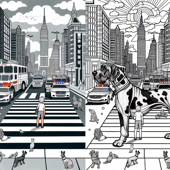 Children's Coloring Page: Lively City Scene with Great Dane, Police Car, and Fire Engine