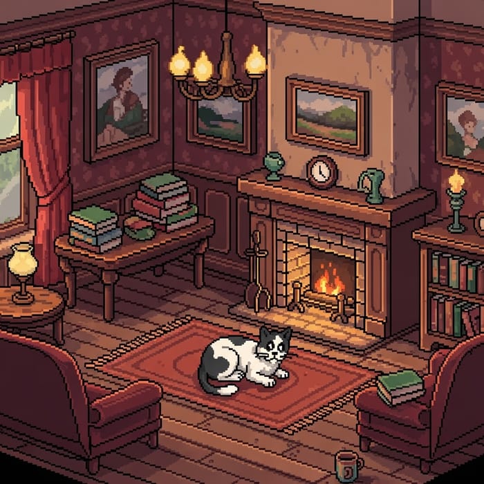 Charming Victorian Parlor with Cat and Fire Charming Victorian Parlor with Cat and Fire