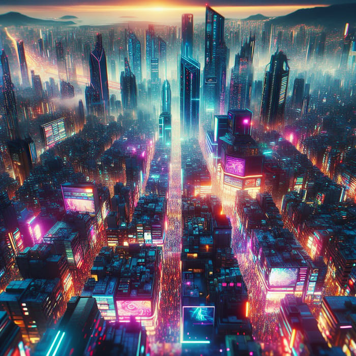 Neon Cyberpunk Cityscape at Dusk: Vibrant Futuristic Metropolis