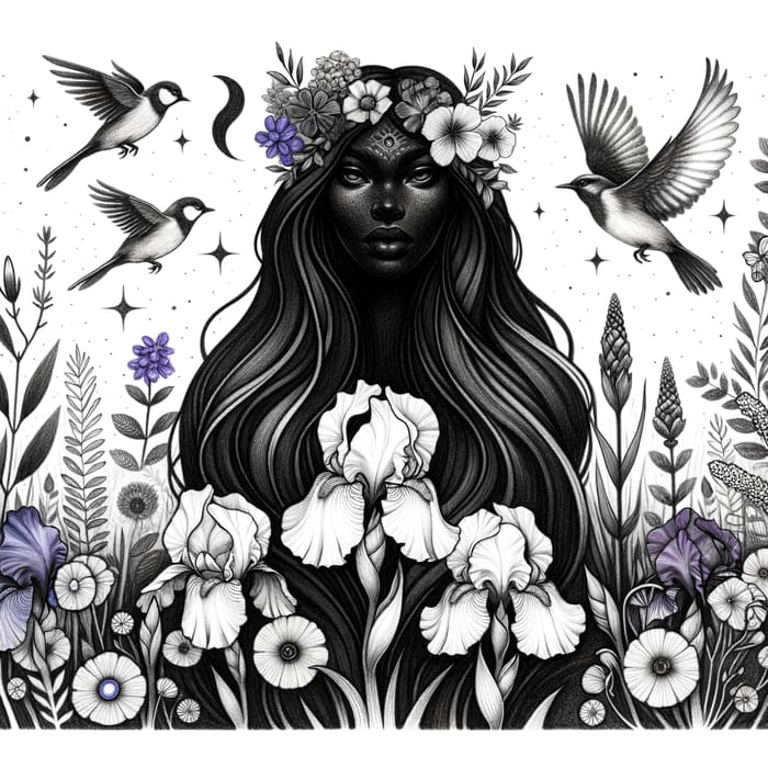 Dark-Skinned Mermaid in Forest with Birds, Wildflowers & Irises