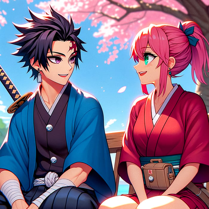 Sasuke and Sakura: Anime Characters Interaction Under Cherry Blossom Tree