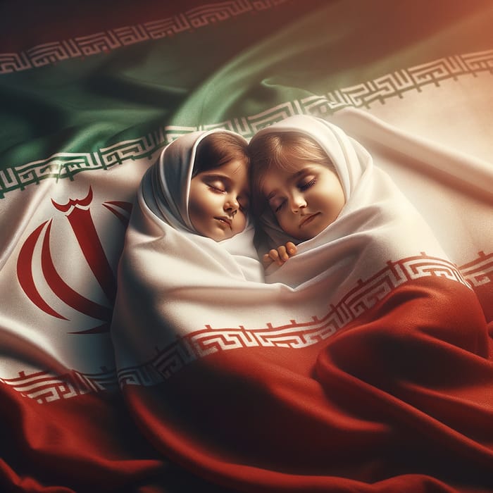 Iranian Children Sleeping Peacefully on National Flag Iranian Children Sleeping Peacefully on National Flag