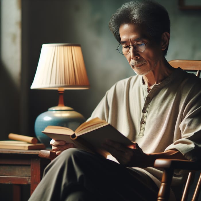 Elderly Man Reading Book in Comfortable Home Environment