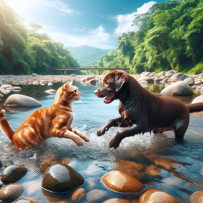 Playful Cat and Dog Playing in River