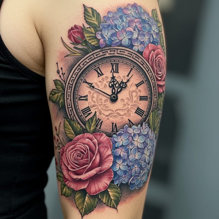 Greek Floral Clock Tattoo Design for Bicep