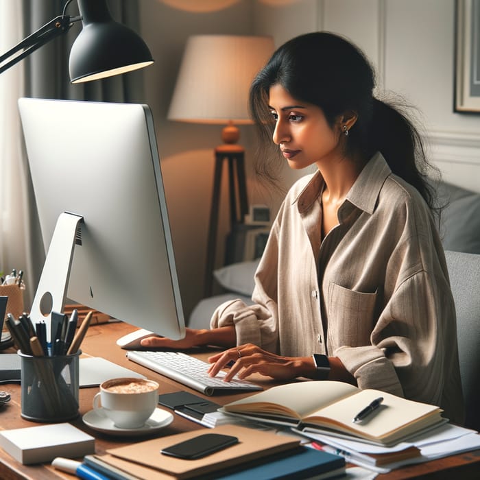 South Asian Woman Working on Computer at Home Office