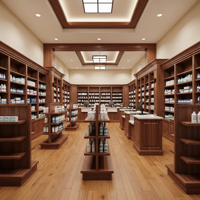 3D Retail Pharmacy Interior Design in Wooden Finish